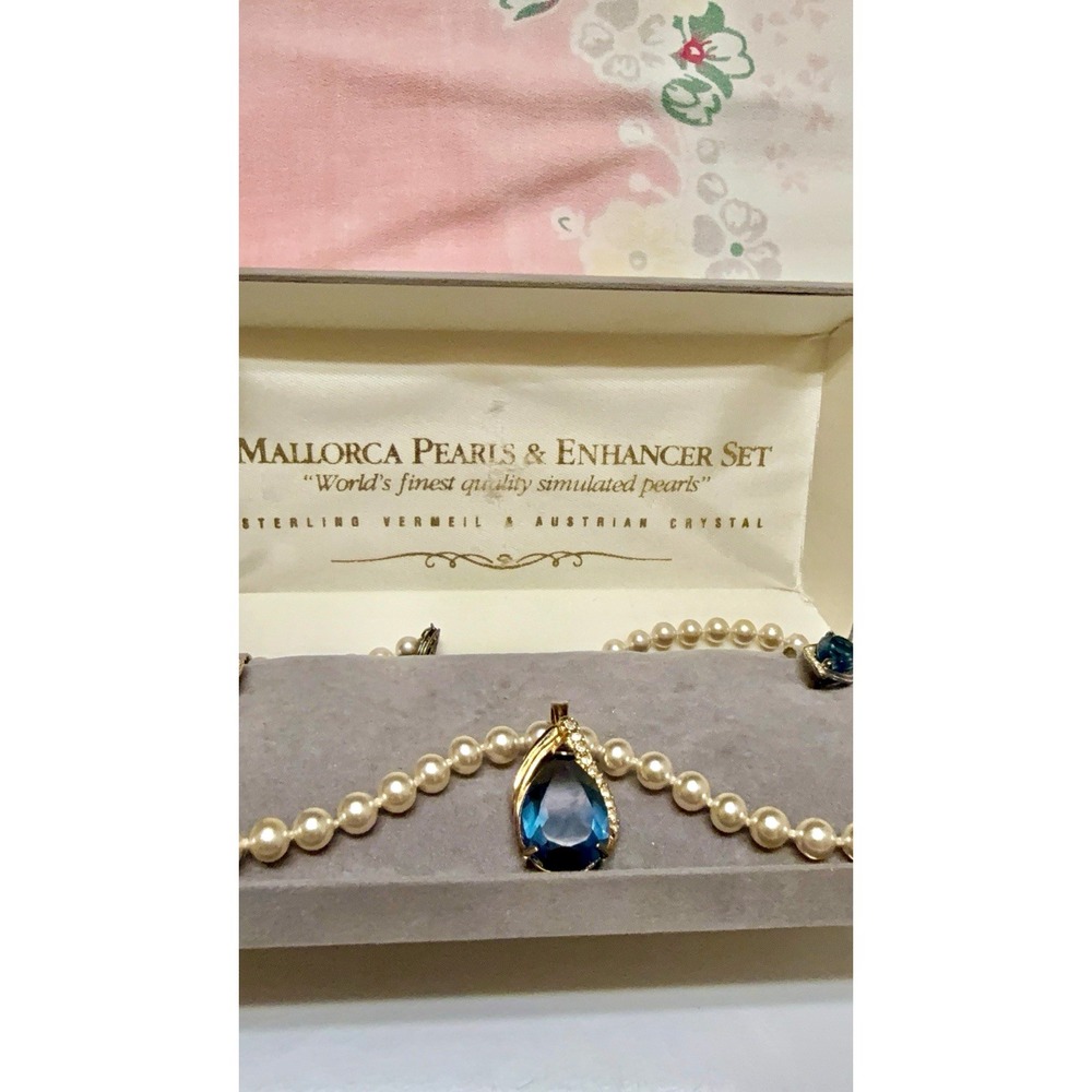 Vtg Mallorca Pearls Deltah Enhancer Set Blue Crystal Sterling Vermeil Boxed